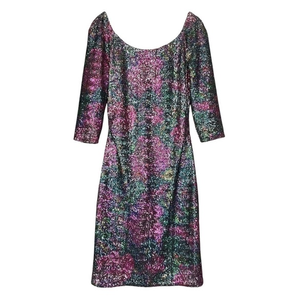 Kay Unger Floral Sequined Ruched Bodycon Cocktail Dress Pink Purple Green Size 8 - Picture 1 of 10